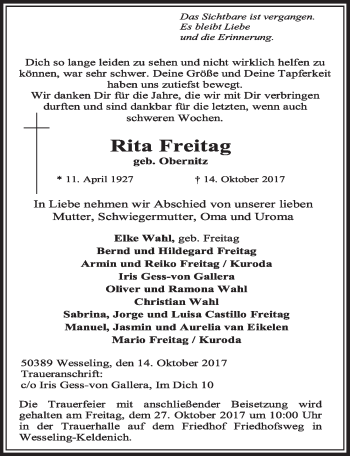 Anzeige von Rita Freitag von  Schlossbote/Werbekurier 