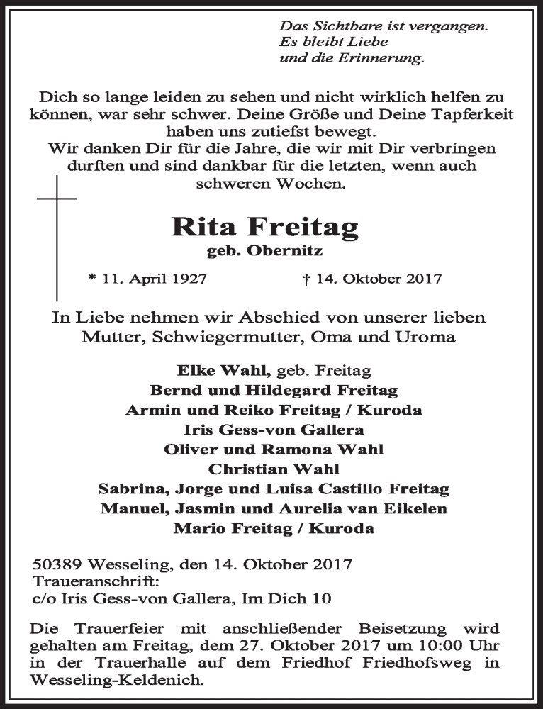  Traueranzeige für Rita Freitag vom 25.10.2017 aus  Schlossbote/Werbekurier 
