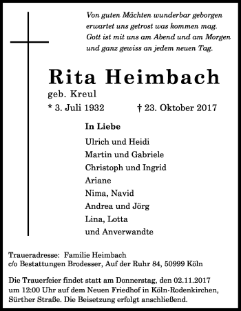 Anzeige von Rita Heimbach von Kölner Stadt-Anzeiger / Kölnische Rundschau / Express