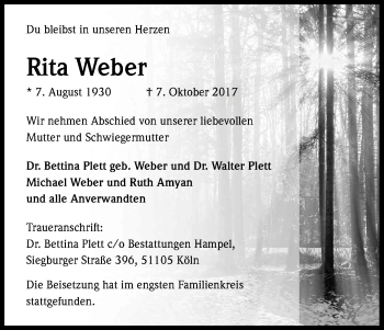 Anzeige von Rita Weber von Kölner Stadt-Anzeiger / Kölnische Rundschau / Express