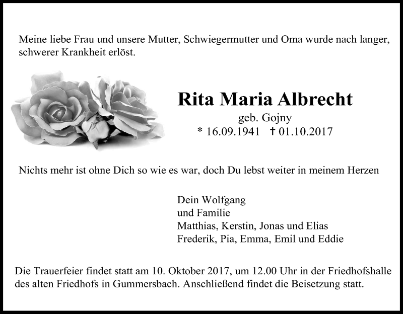  Traueranzeige für Rita Maria Albrecht vom 09.10.2017 aus Kölner Stadt-Anzeiger / Kölnische Rundschau / Express