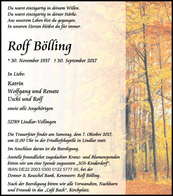 Anzeige von Rolf Bölling von Kölner Stadt-Anzeiger / Kölnische Rundschau / Express