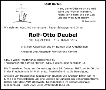 Anzeige von Rolf-Otto Deubel von Kölner Stadt-Anzeiger / Kölnische Rundschau / Express