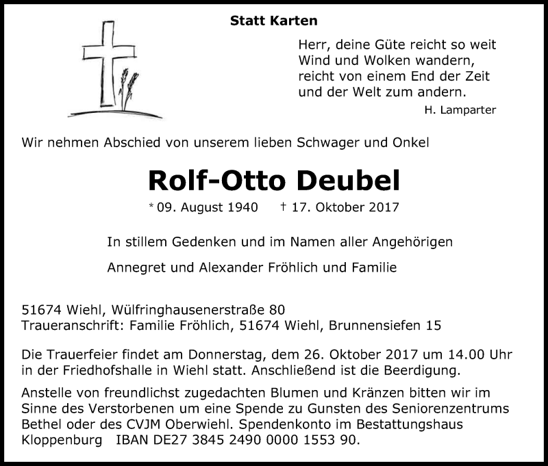  Traueranzeige für Rolf-Otto Deubel vom 21.10.2017 aus Kölner Stadt-Anzeiger / Kölnische Rundschau / Express