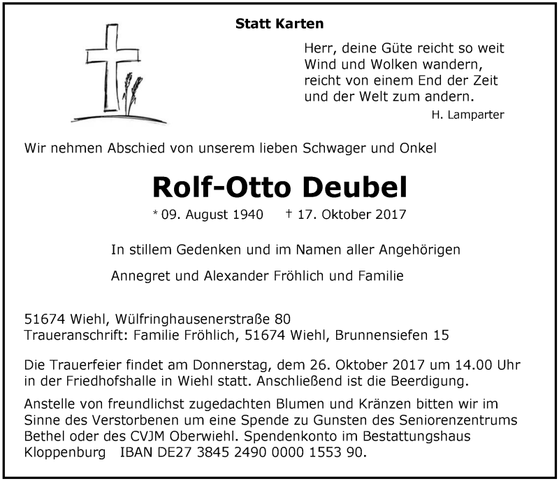  Traueranzeige für Rolf-Otto Deubel vom 25.10.2017 aus  Anzeigen Echo 
