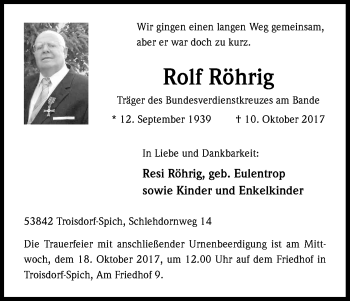 Anzeige von Rolf Röhrig von Kölner Stadt-Anzeiger / Kölnische Rundschau / Express