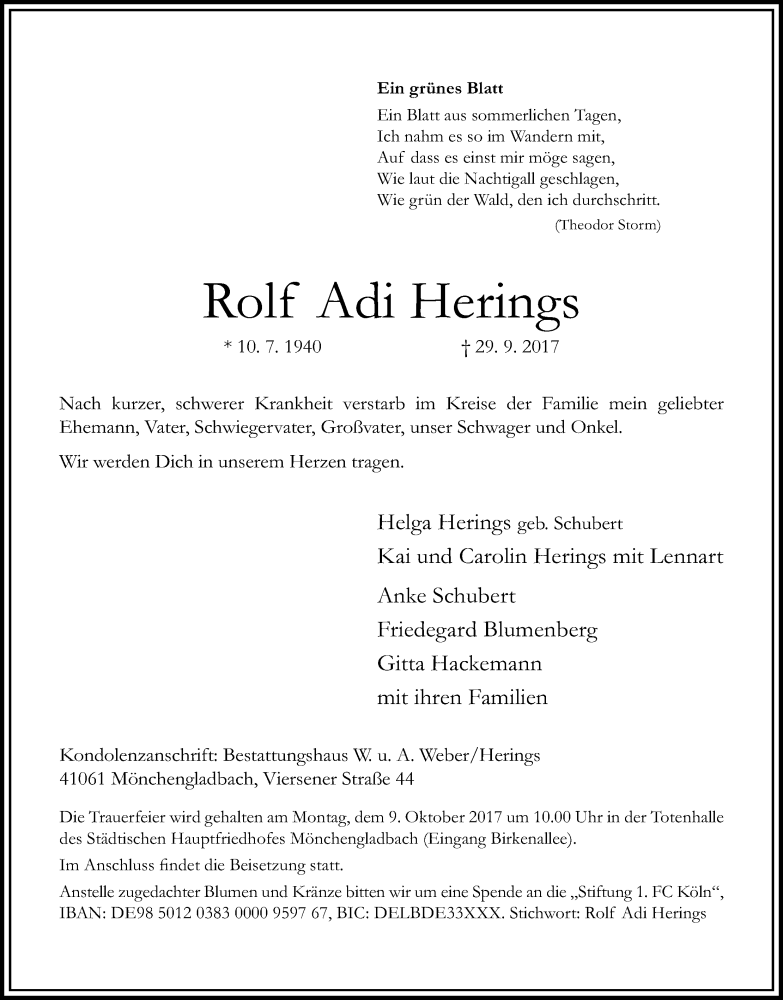  Traueranzeige für Rolf Adi Herings vom 05.10.2017 aus Kölner Stadt-Anzeiger / Kölnische Rundschau / Express