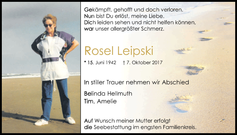  Traueranzeige für Rosel Leipski vom 14.10.2017 aus Kölner Stadt-Anzeiger / Kölnische Rundschau / Express