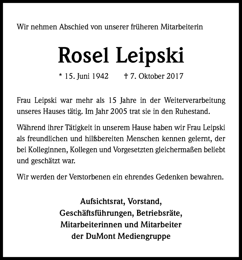  Traueranzeige für Rosel Leipski vom 18.10.2017 aus Kölner Stadt-Anzeiger / Kölnische Rundschau / Express