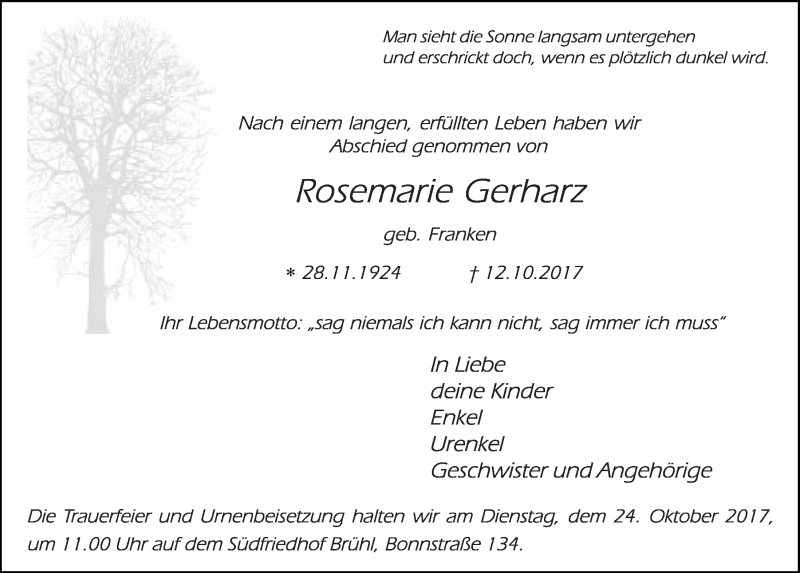  Traueranzeige für Rosemarie Gerharz vom 18.10.2017 aus  Schlossbote/Werbekurier 