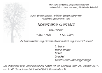 Anzeige von Rosemarie Gerharz von  Schlossbote/Werbekurier 