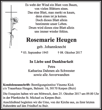 Anzeige von Rosemarie Heugen von  Sonntags-Post 
