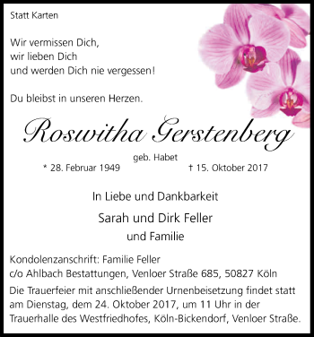 Anzeige von Roswitha Gerstenberg von Kölner Stadt-Anzeiger / Kölnische Rundschau / Express
