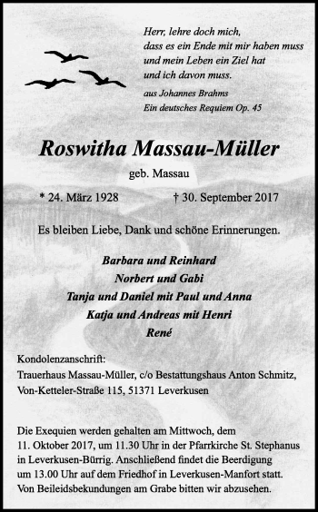 Anzeige von Roswitha Massau-Müller von Kölner Stadt-Anzeiger / Kölnische Rundschau / Express