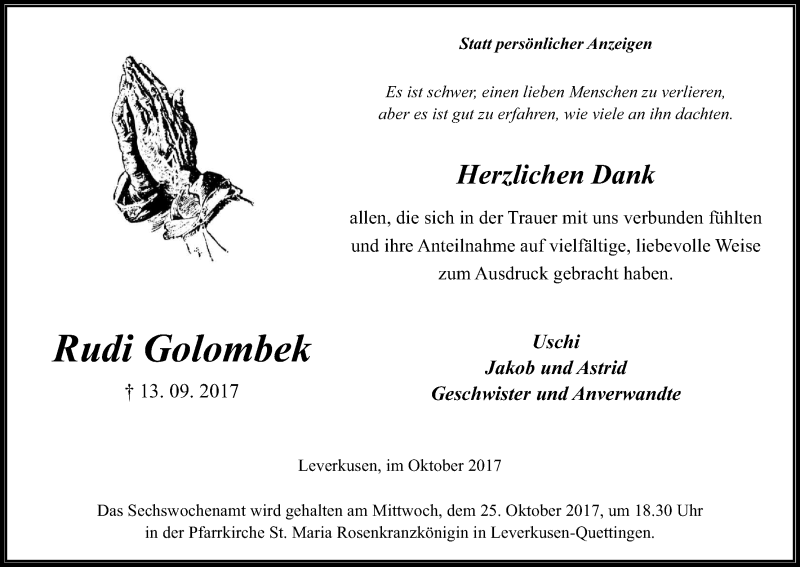  Traueranzeige für Rudi Golombek vom 21.10.2017 aus Kölner Stadt-Anzeiger / Kölnische Rundschau / Express