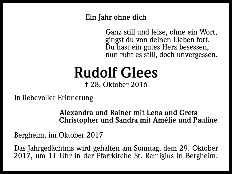  Traueranzeige für Rudolf Glees vom 28.10.2017 aus Kölner Stadt-Anzeiger / Kölnische Rundschau / Express