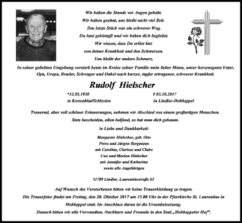 Anzeige von Rudolf Hielscher von Kölner Stadt-Anzeiger / Kölnische Rundschau / Express