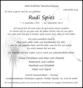 Anzeige von Rudolf Spies von Kölner Stadt-Anzeiger / Kölnische Rundschau / Express