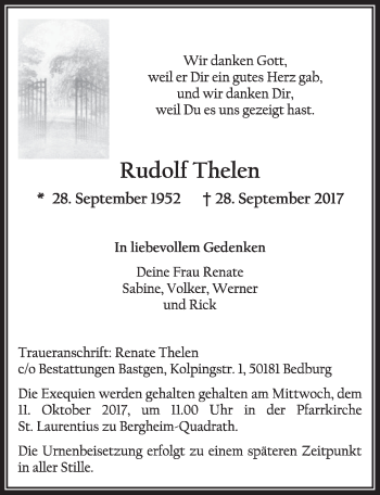 Anzeige von Rudolf Thelen von  Sonntags-Post 