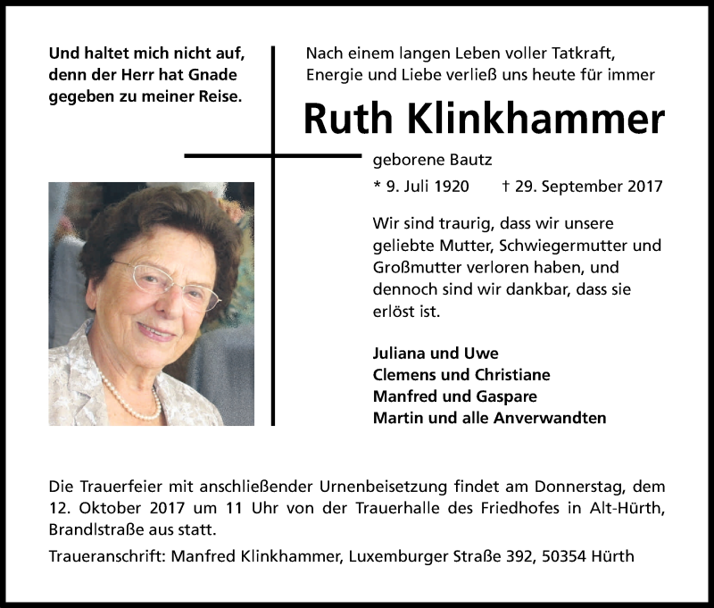  Traueranzeige für Ruth Klinkhammer vom 07.10.2017 aus Kölner Stadt-Anzeiger / Kölnische Rundschau / Express