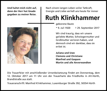 Anzeige von Ruth Klinkhammer von Kölner Stadt-Anzeiger / Kölnische Rundschau / Express