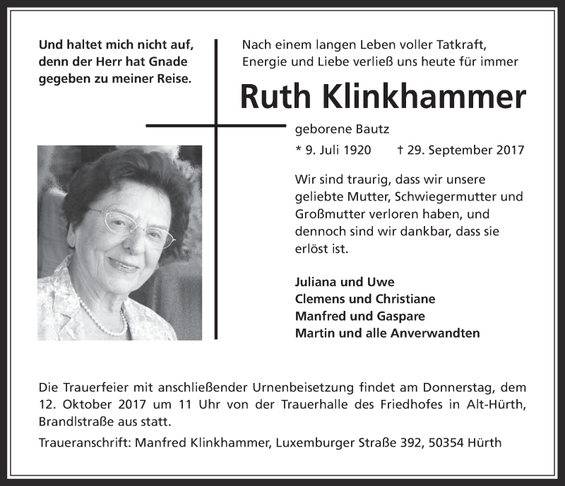  Traueranzeige für Ruth Klinkhammer vom 11.10.2017 aus  Wochenende 