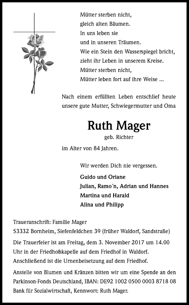 Traueranzeige für Ruth Mager vom 28.10.2017 aus Kölner Stadt-Anzeiger / Kölnische Rundschau / Express