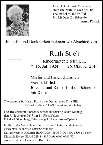 Anzeige von Ruth Stich von Kölner Stadt-Anzeiger / Kölnische Rundschau / Express