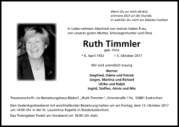 Anzeige von Ruth Timmler von Kölner Stadt-Anzeiger / Kölnische Rundschau / Express