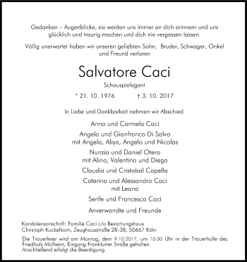 Anzeige von Salvatore Caci von Kölner Stadt-Anzeiger / Kölnische Rundschau / Express