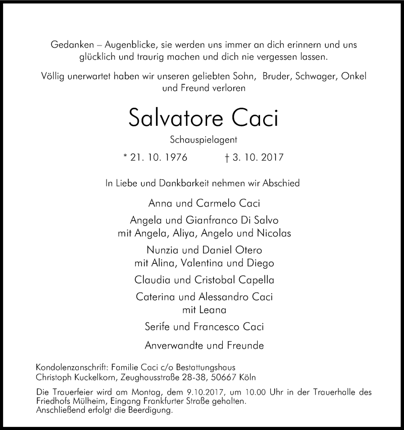  Traueranzeige für Salvatore Caci vom 07.10.2017 aus Kölner Stadt-Anzeiger / Kölnische Rundschau / Express