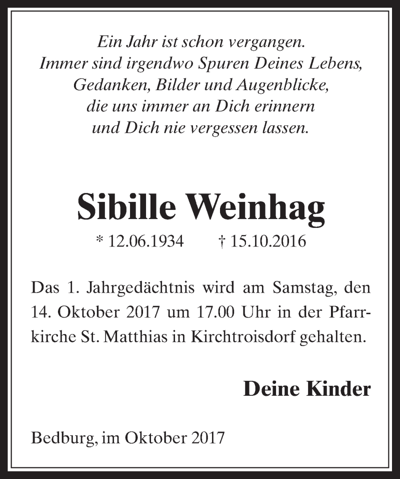 Traueranzeige für Sibille Weinhag vom 11.10.2017 aus  Werbepost 