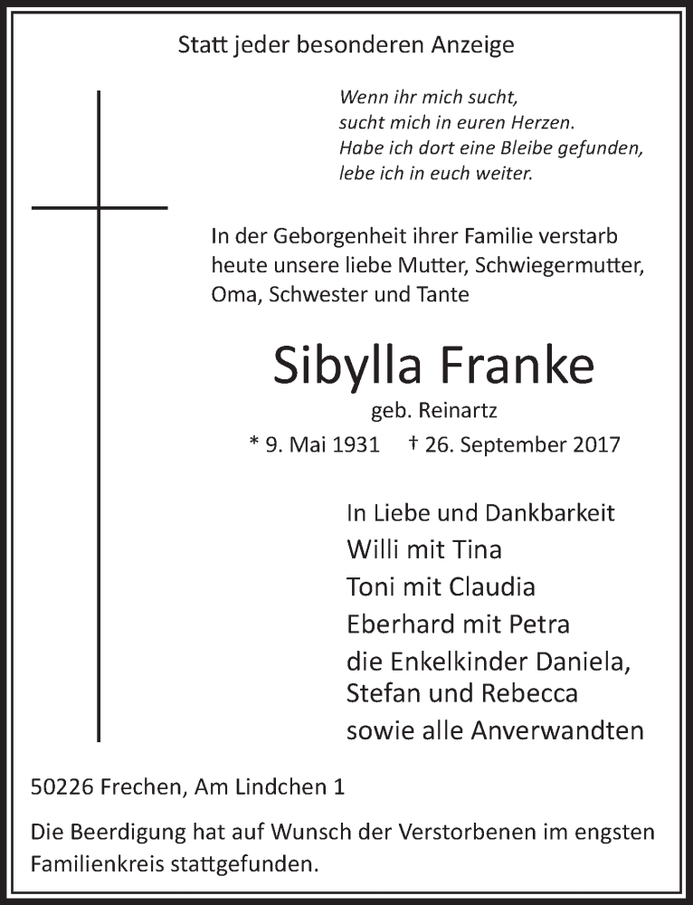  Traueranzeige für Sibylla Franke vom 14.10.2017 aus  Sonntags-Post 