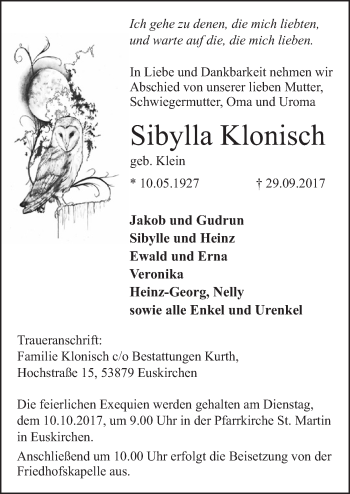 Anzeige von Sibylla Klonisch von  Blickpunkt Euskirchen 