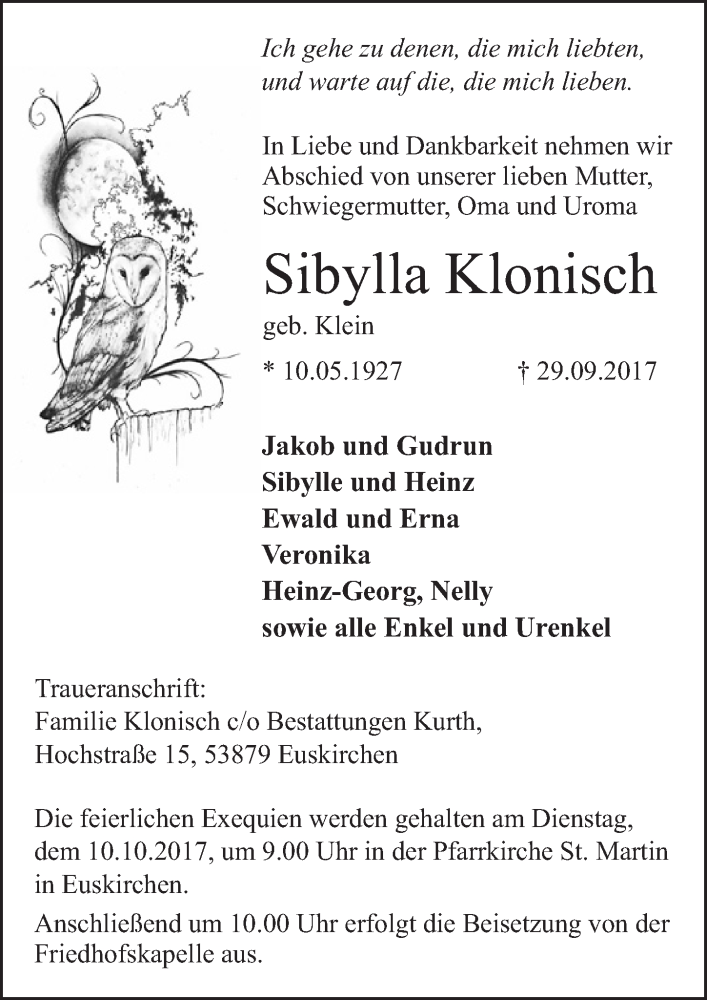  Traueranzeige für Sibylla Klonisch vom 07.10.2017 aus  Blickpunkt Euskirchen 