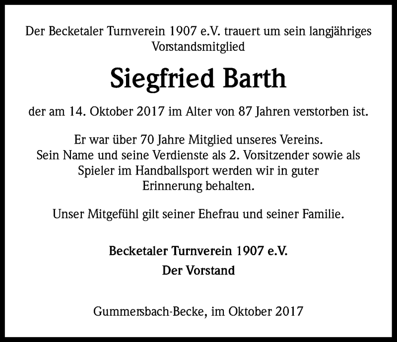  Traueranzeige für Siegfried Barth vom 24.10.2017 aus Kölner Stadt-Anzeiger / Kölnische Rundschau / Express