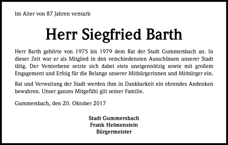  Traueranzeige für Siegfried Barth vom 25.10.2017 aus Kölner Stadt-Anzeiger / Kölnische Rundschau / Express