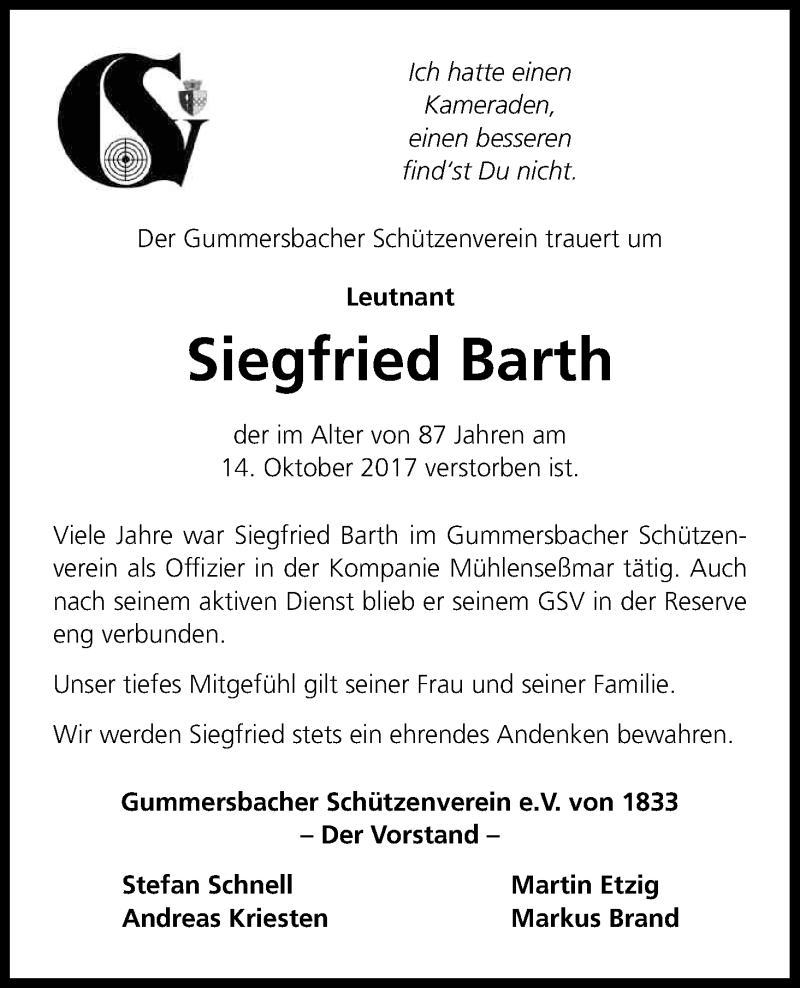  Traueranzeige für Siegfried Barth vom 21.10.2017 aus Kölner Stadt-Anzeiger / Kölnische Rundschau / Express