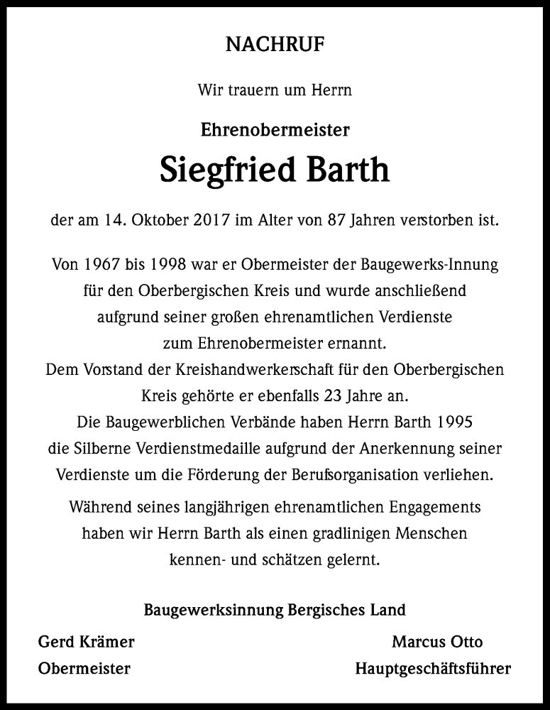  Traueranzeige für Siegfried Barth vom 21.10.2017 aus Kölner Stadt-Anzeiger / Kölnische Rundschau / Express