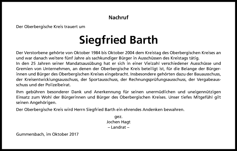  Traueranzeige für Siegfried Barth vom 21.10.2017 aus Kölner Stadt-Anzeiger / Kölnische Rundschau / Express