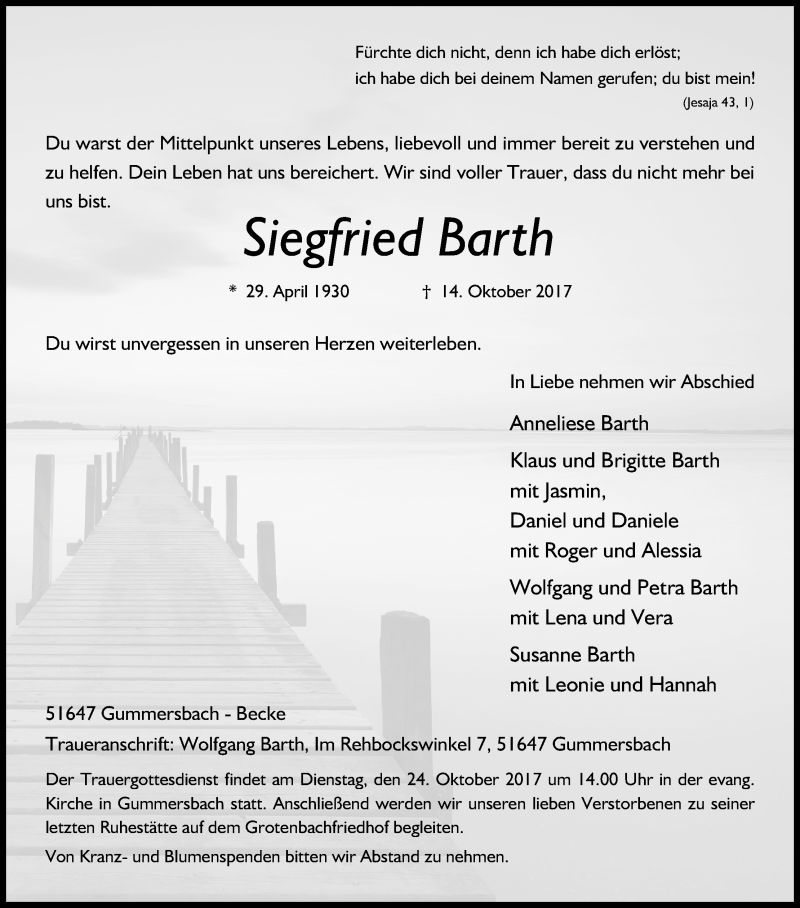  Traueranzeige für Siegfried Barth vom 18.10.2017 aus Kölner Stadt-Anzeiger / Kölnische Rundschau / Express