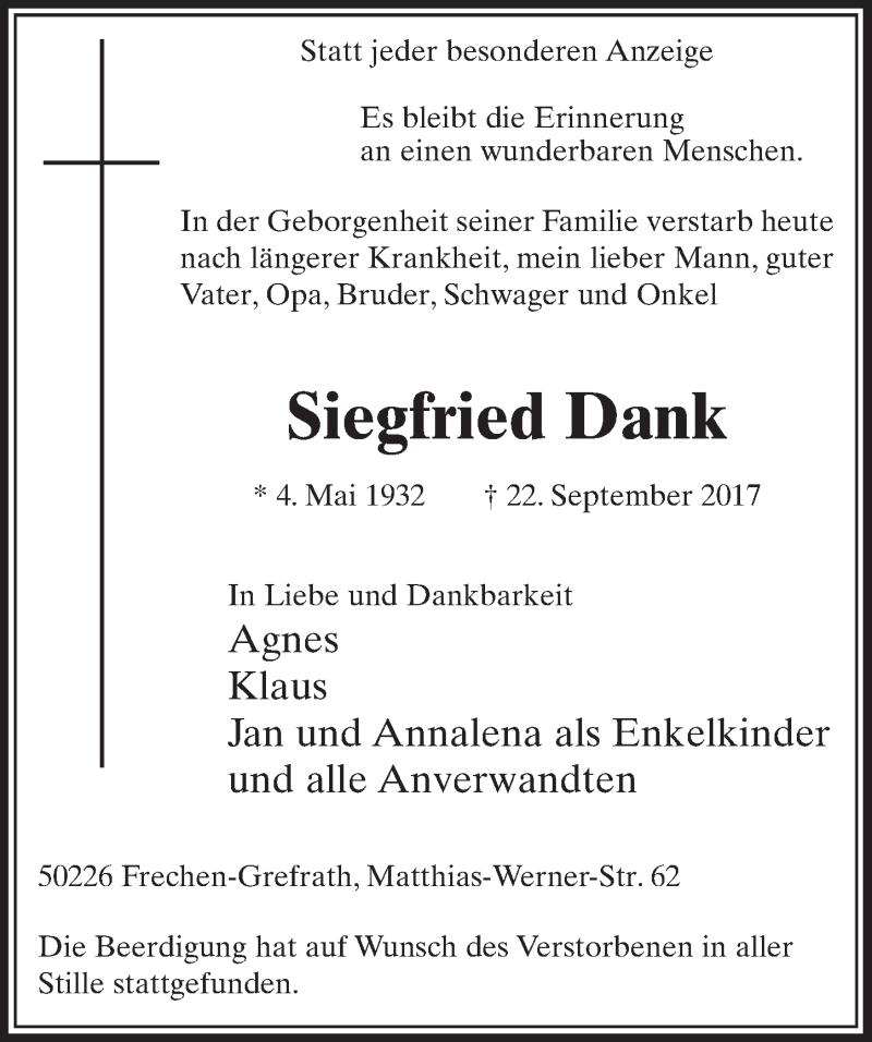  Traueranzeige für Siegfried Dank vom 07.10.2017 aus  Sonntags-Post 