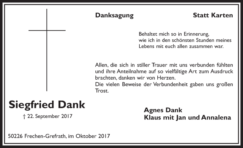  Traueranzeige für Siegfried Dank vom 14.10.2017 aus  Sonntags-Post 
