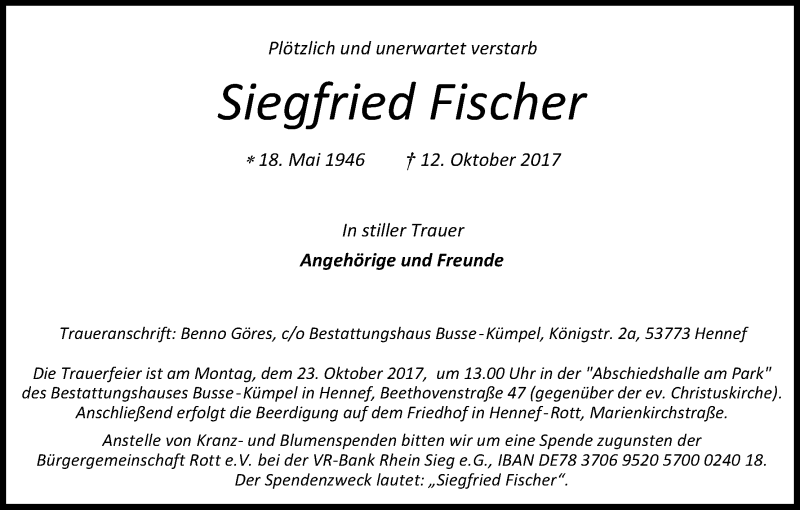 Traueranzeige für Siegfried Fischer vom 19.10.2017 aus Kölner Stadt-Anzeiger / Kölnische Rundschau / Express