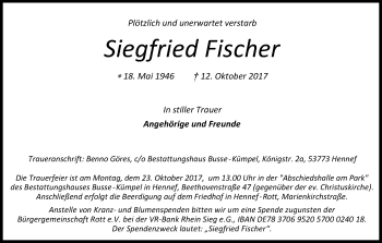Anzeige von Siegfried Fischer von Kölner Stadt-Anzeiger / Kölnische Rundschau / Express