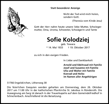 Anzeige von Sofie Kolodziej von Kölner Stadt-Anzeiger / Kölnische Rundschau / Express