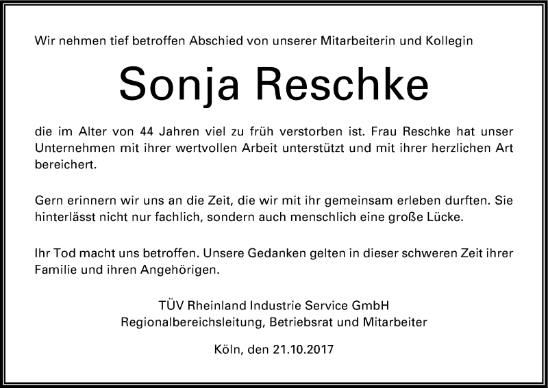  Traueranzeige für Sonja Reschke vom 21.10.2017 aus Kölner Stadt-Anzeiger / Kölnische Rundschau / Express