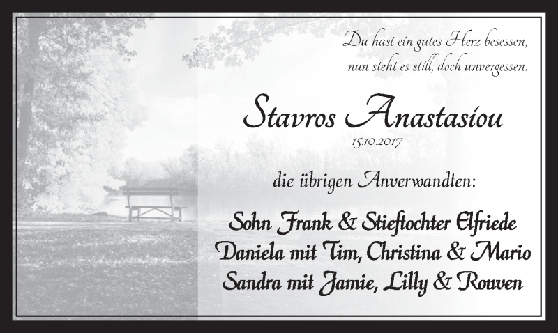  Traueranzeige für Stavros Anastasiou vom 28.10.2017 aus  Sonntags-Post 