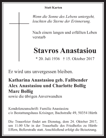 Anzeige von Stavros Anastasiou von  Wochenende 