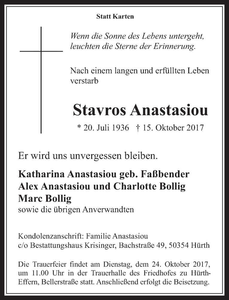  Traueranzeige für Stavros Anastasiou vom 18.10.2017 aus  Wochenende 